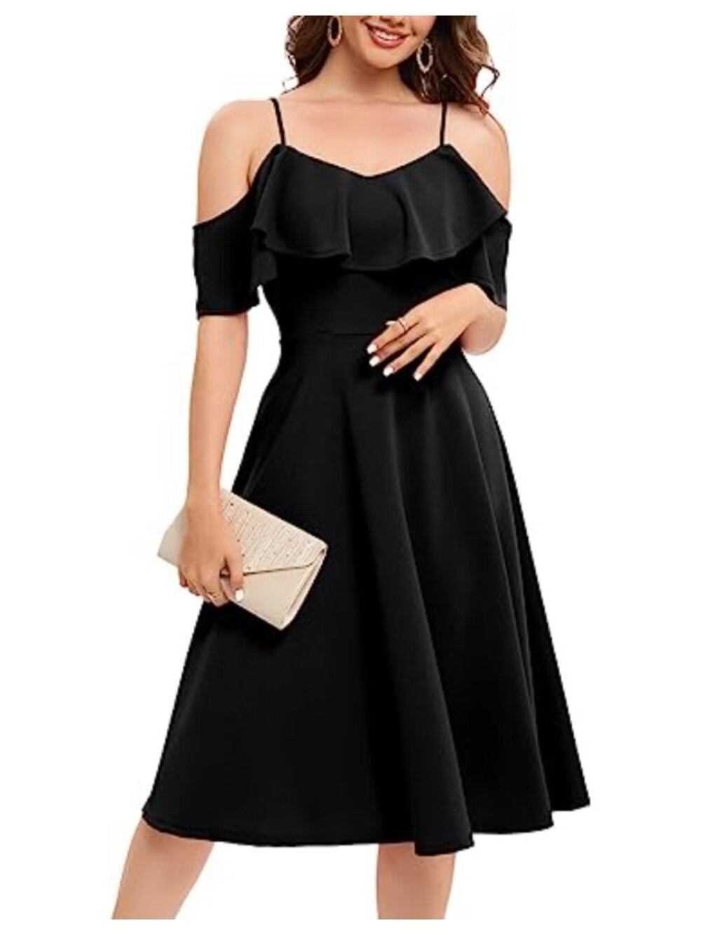 Bbonlinedress A-Line Midi Cocktail Dress Off Shoulder Ruffle Wedding Guest